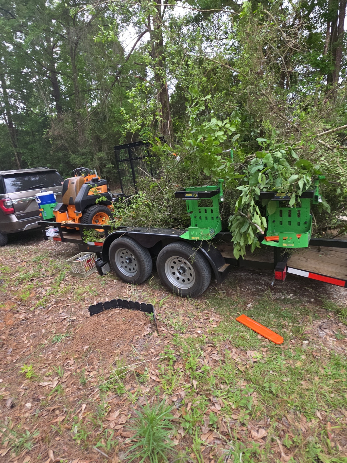 Lady Edge crew clearing brush and overgrowth during a yard cleanup